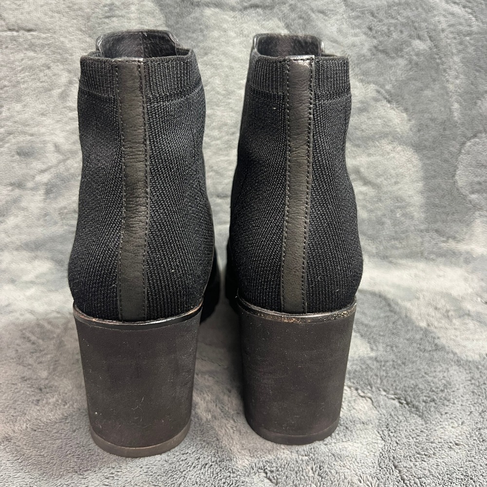 Eileen Fisher Black Leather Wedge Ankle Boots Stretch Knit Lug Sole 8.5 - Picture 3 of 12